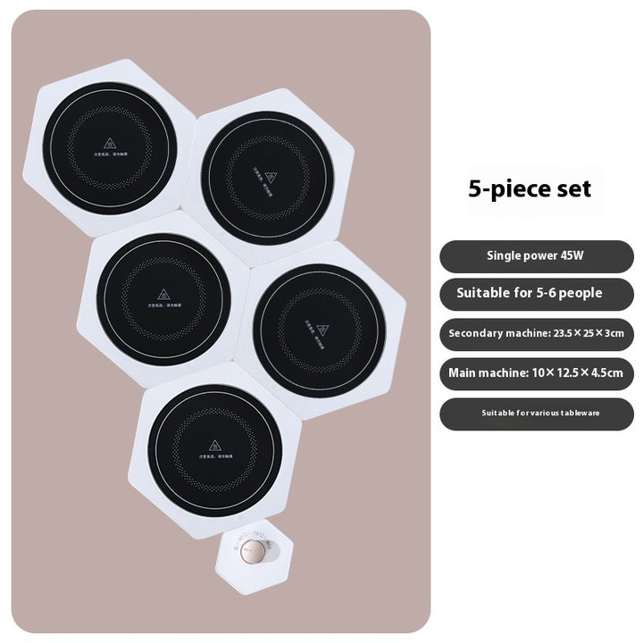 White hexagonal food warming plates joined in a cluster