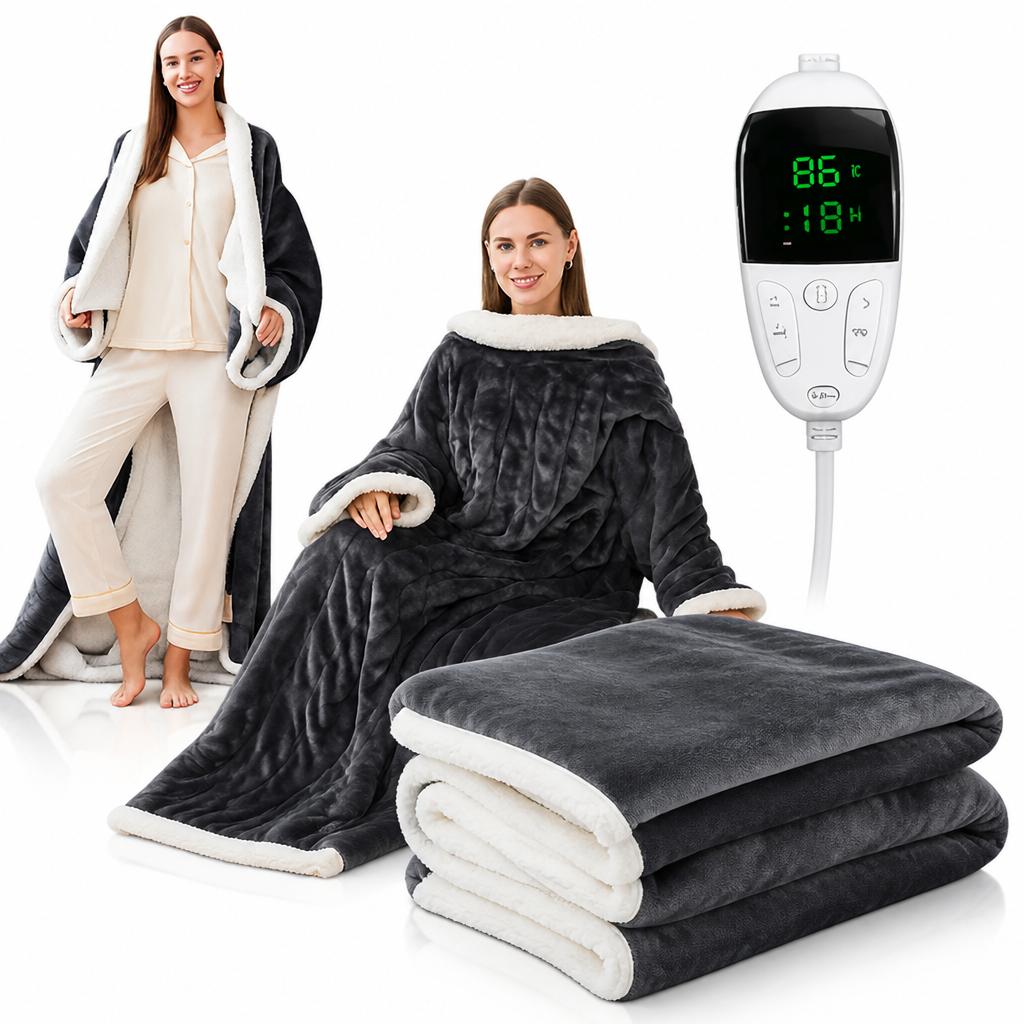 Wearable Heated Sherpa Blanket with Sleeves and Foot Pocket – Plushridge™