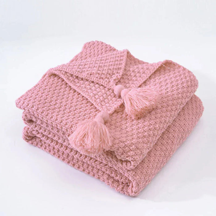 Plushridge™ Handwoven Wool Blanket with Fringe and Pom-Poms