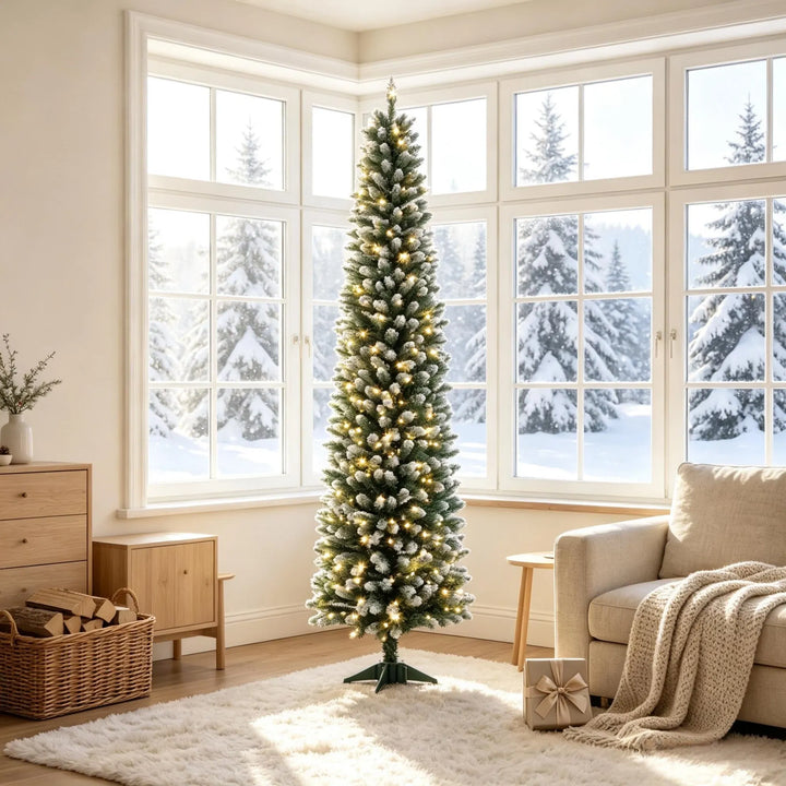 Slim frosted pre-lit pencil Christmas tree