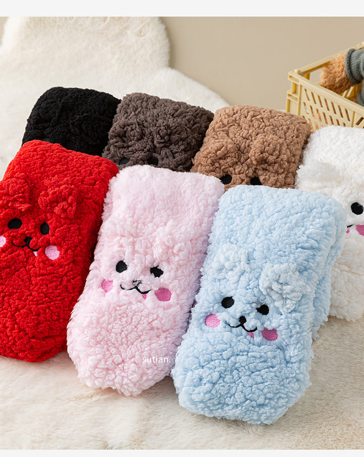 Pink fluffy floor socks with embroidered bunny face