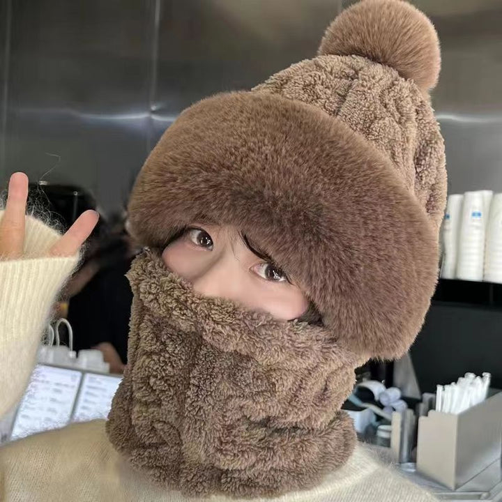 Pink plush hood hat with neck warmer