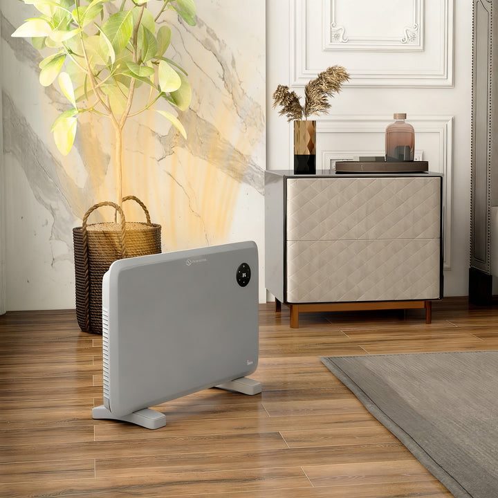 Gray slim panel heater in a living room
