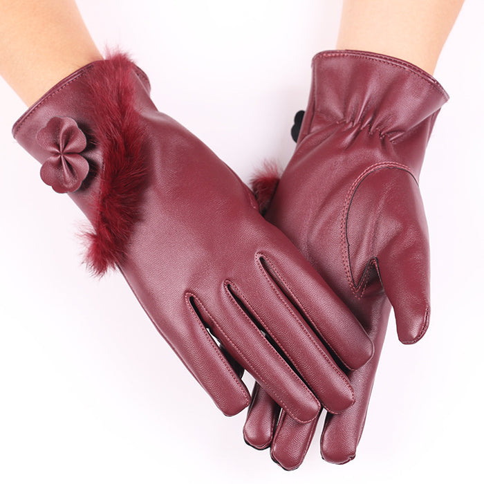 Plushridge Faux Leather Gloves with Fluffy Cuff and Bow