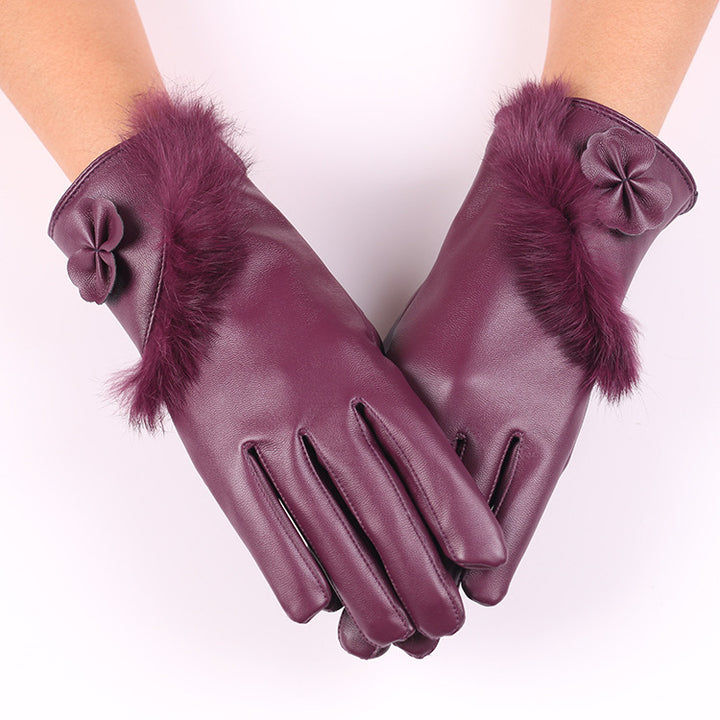 Burgundy faux leather gloves with fluffy cuff