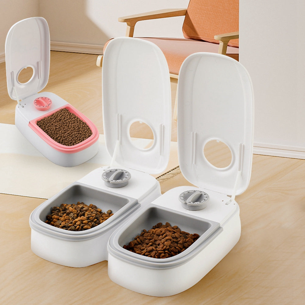 Timed pet feeder with dial and lid