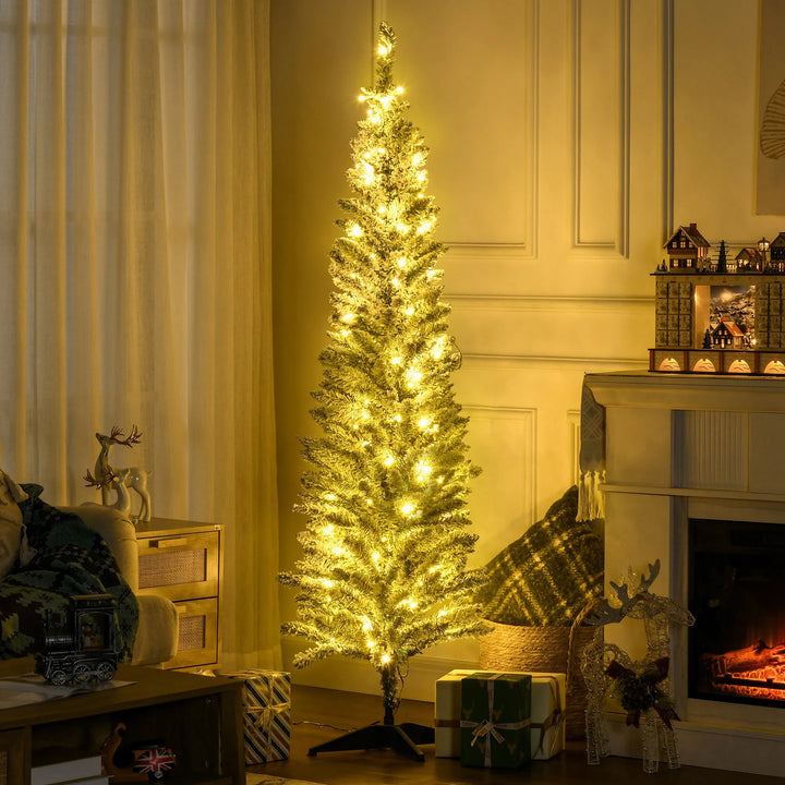 White flocked slim pencil Christmas tree lit warm