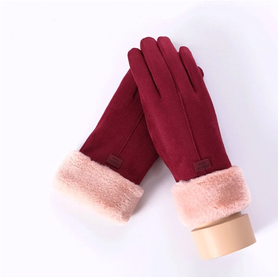 Plushridge Suede-Look Gloves with Plush Cuff and Bear Face