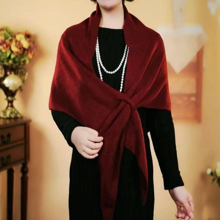 Woman wearing a wool triangle shawl