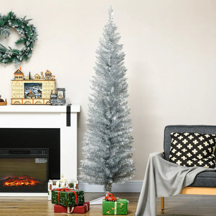 Plushridge 6 ft Silver Pencil Christmas Tree with Detachable Base