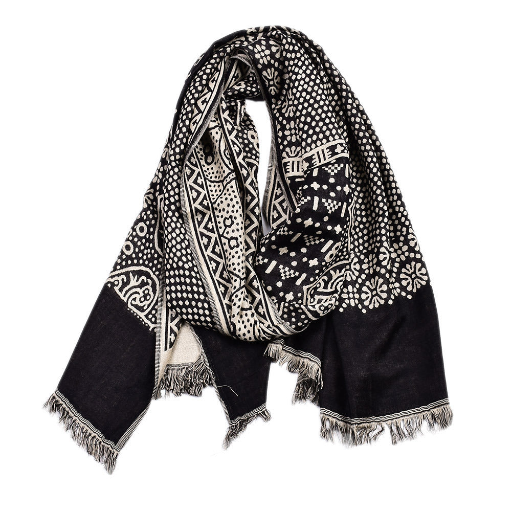 Navy jacquard scarf with fringe