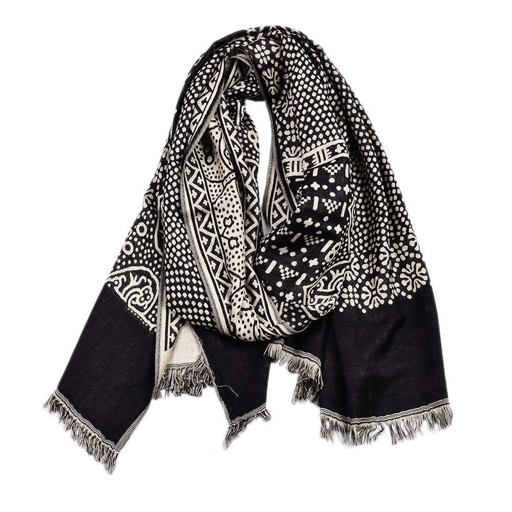 Navy jacquard scarf with fringe