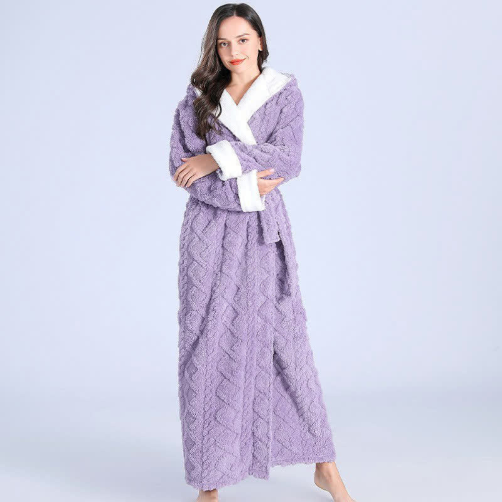 Long Plush Knit Hooded Robe with Two Patch Pockets