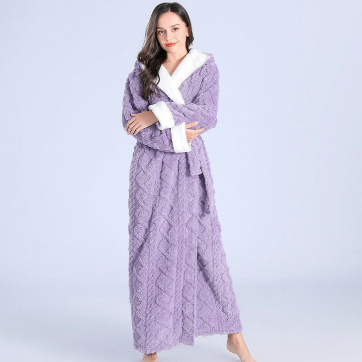 Long Plush Knit Hooded Robe with Two Patch Pockets