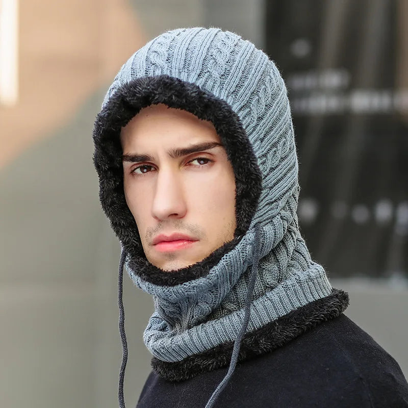 Fleece-Lined Knit Balaclava Hat with Built-In Scarf