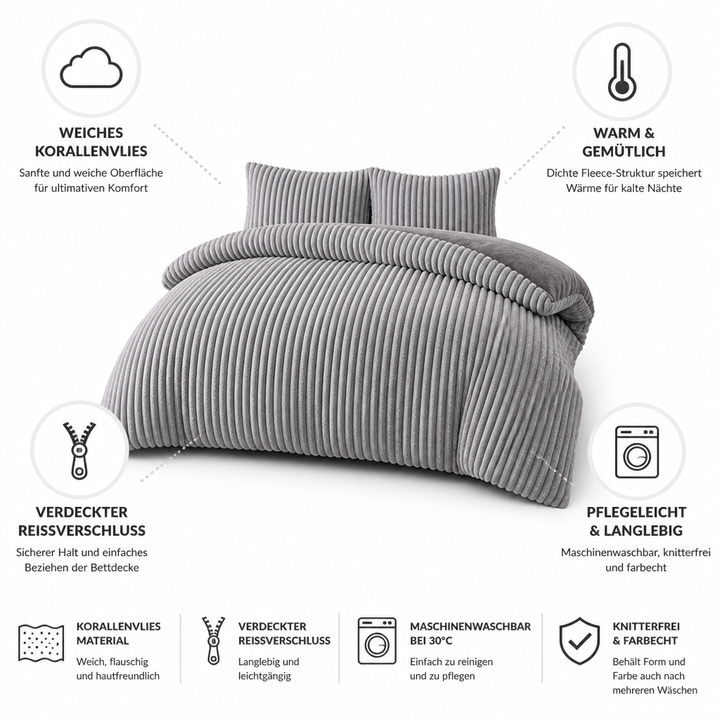 Coral Fleece Duvet Cover Set with 2 Pillowcases, Warm and Soft