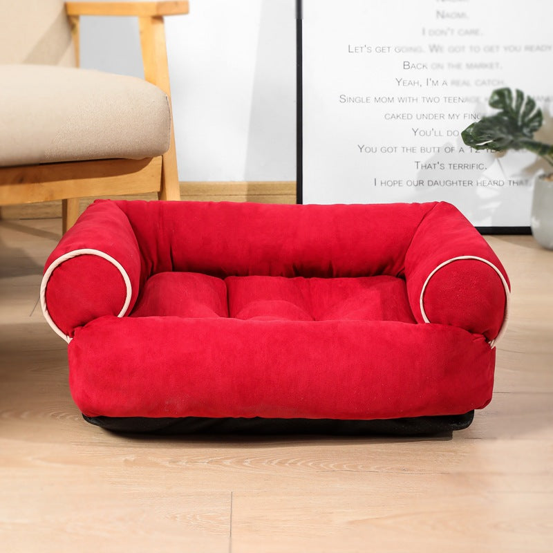 Plush sofa-style pet bed with bolsters
