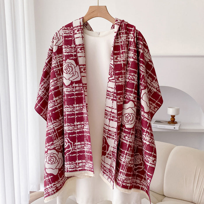 Plushridge Double-Sided Plaid Shawl with Rose Motif
