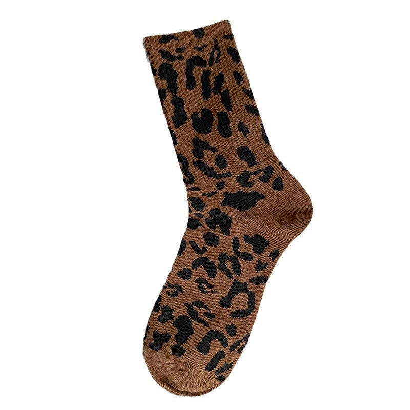 Brown leopard print mid-calf crew socks