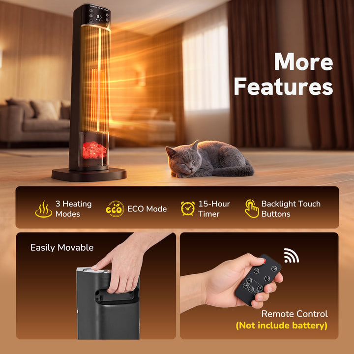 Tall black ceramic tower heater with flame effect panel