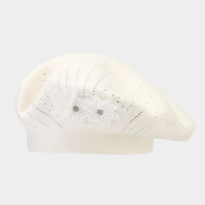 French knit beret with flower and rhinestones
