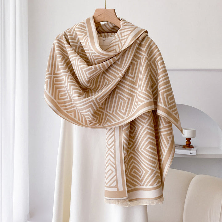 Woman wearing fringe shawl cape