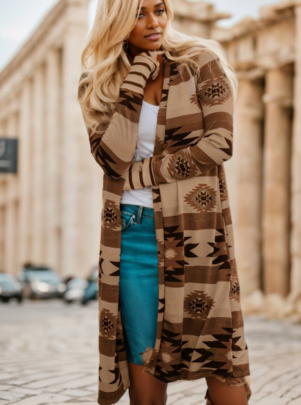Plushridge Long Open-Front Cardigan with Color-Block Pattern