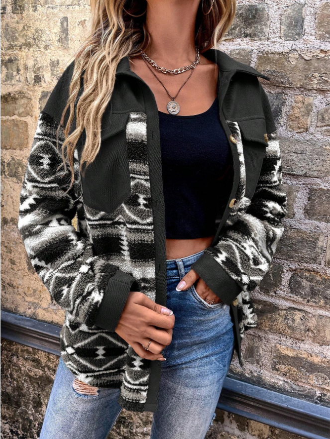 Plushridge Shacket Coat with Geometric Print Sleeves