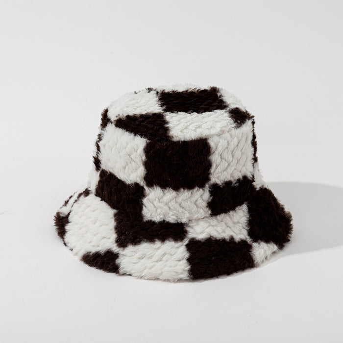 Plushridge Checkerboard Teddy Plush Bucket Hat, Windproof