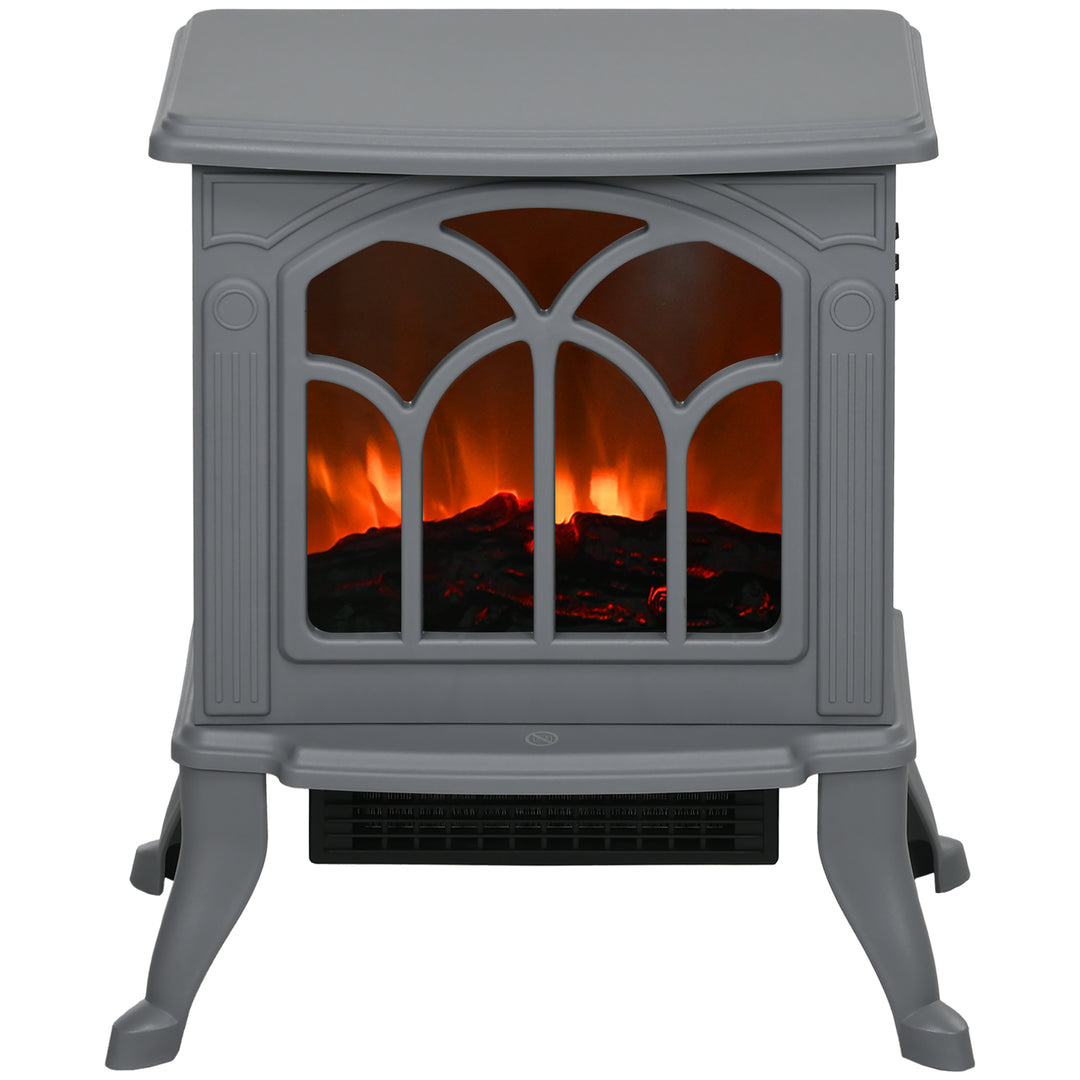 Gray electric fireplace stove with glowing logs