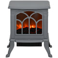 Gray electric fireplace stove with glowing logs