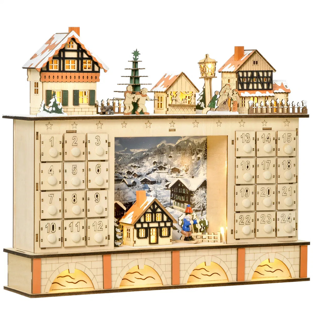 Lit wooden Christmas village advent calendar