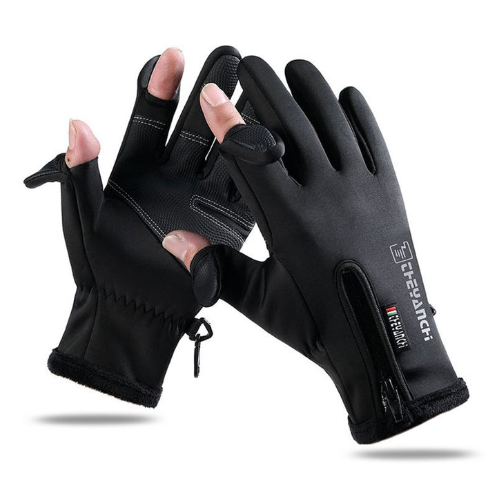 Black winter gloves with flip-open fingertips