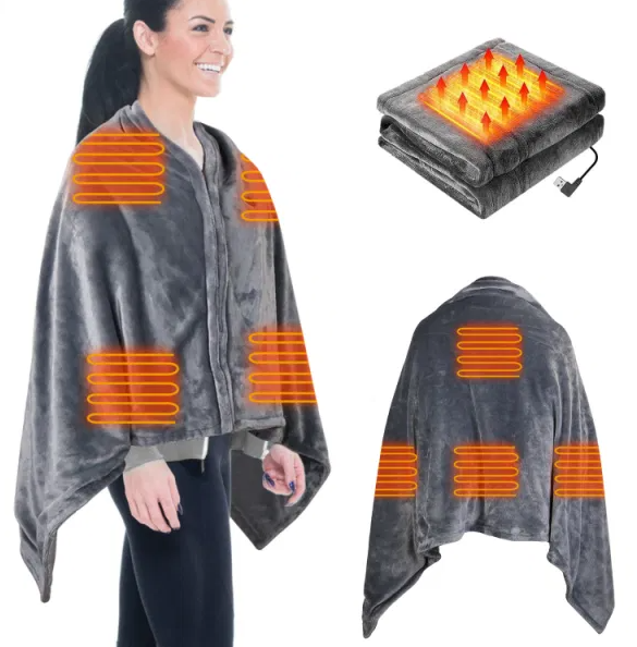 USB Heated Poncho Blanket with Zipper, 59 x 31 in, Gray