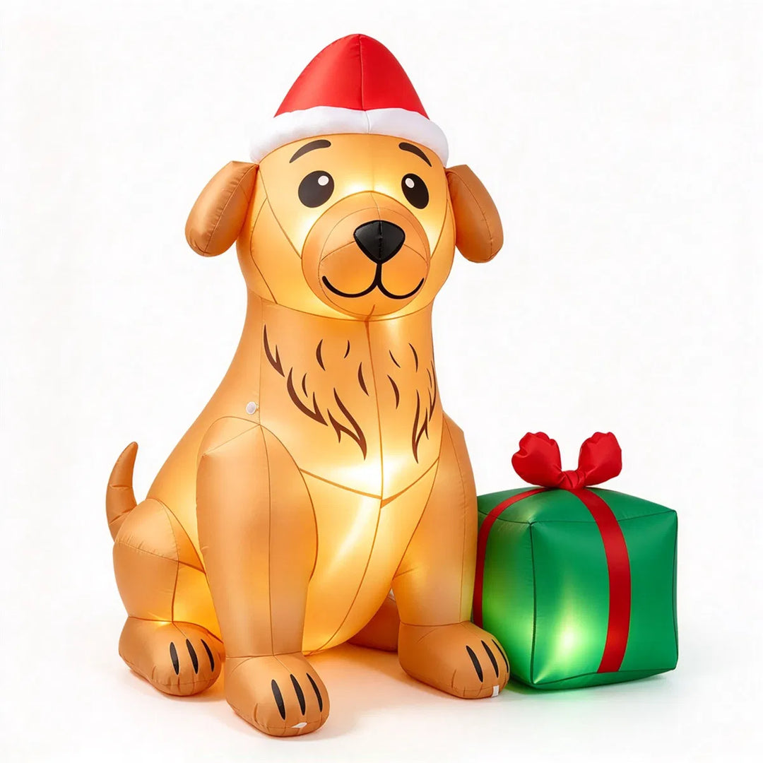 Inflatable golden retriever with Santa hat