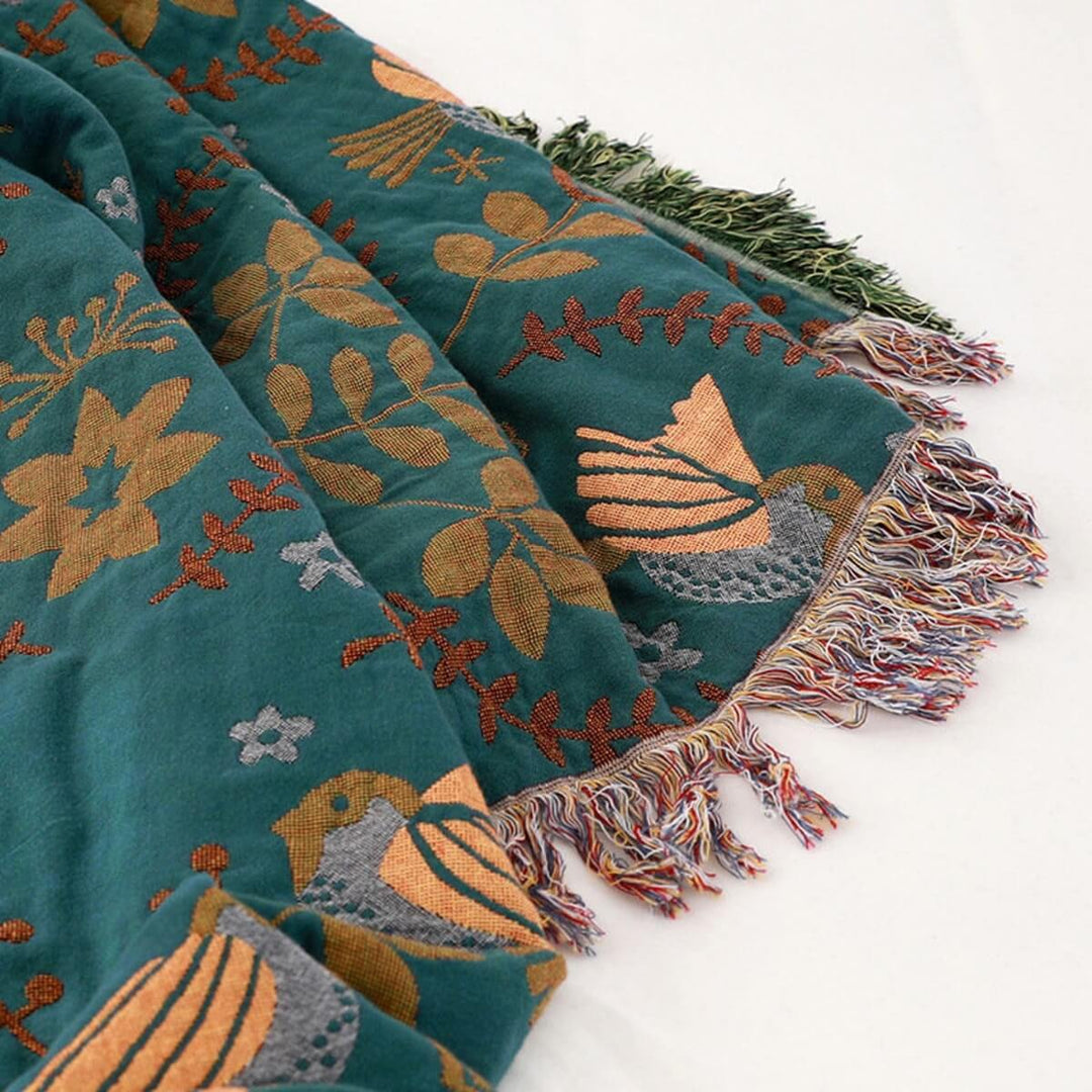 Reversible Scandinavian Bird Throw Blanket in Cotton