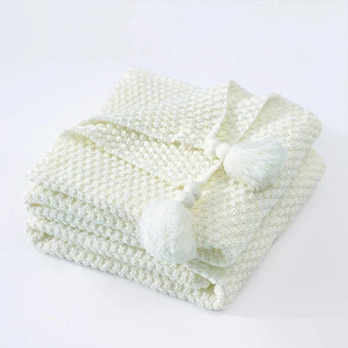 Plushridge™ Handwoven Wool Blanket with Fringe and Pom-Poms