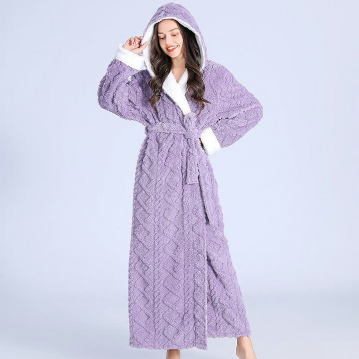 Long Plush Knit Hooded Robe with Two Patch Pockets