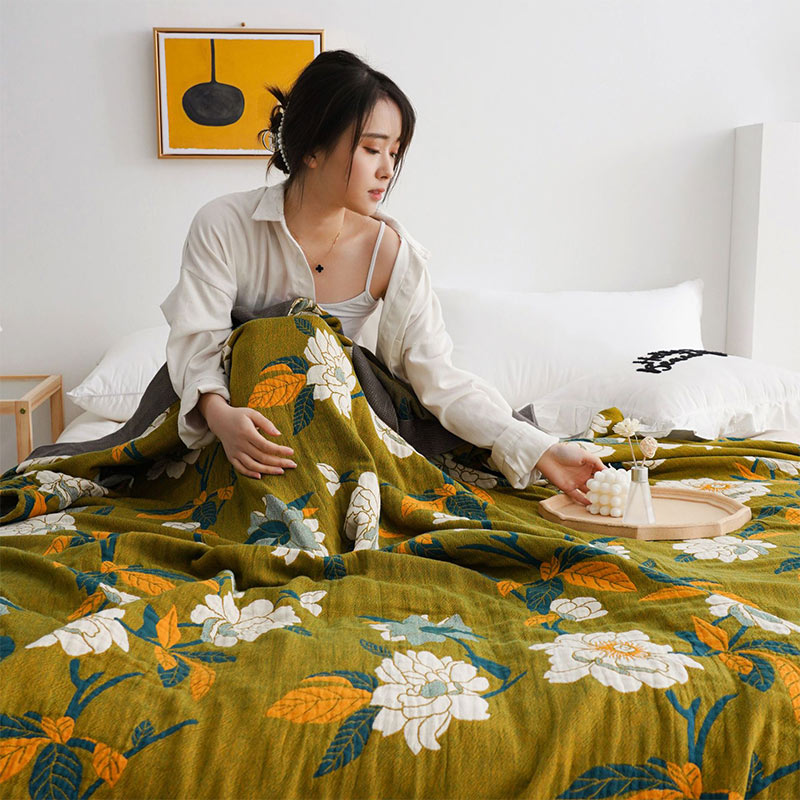 Reversible Boho Cotton Quilt with Olive Floral Print