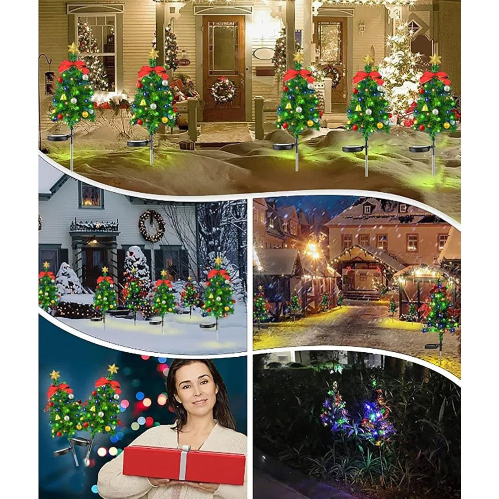 Solar Christmas tree stake lights on path