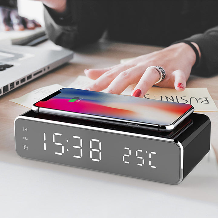 Mirror LED alarm clock with wireless charger