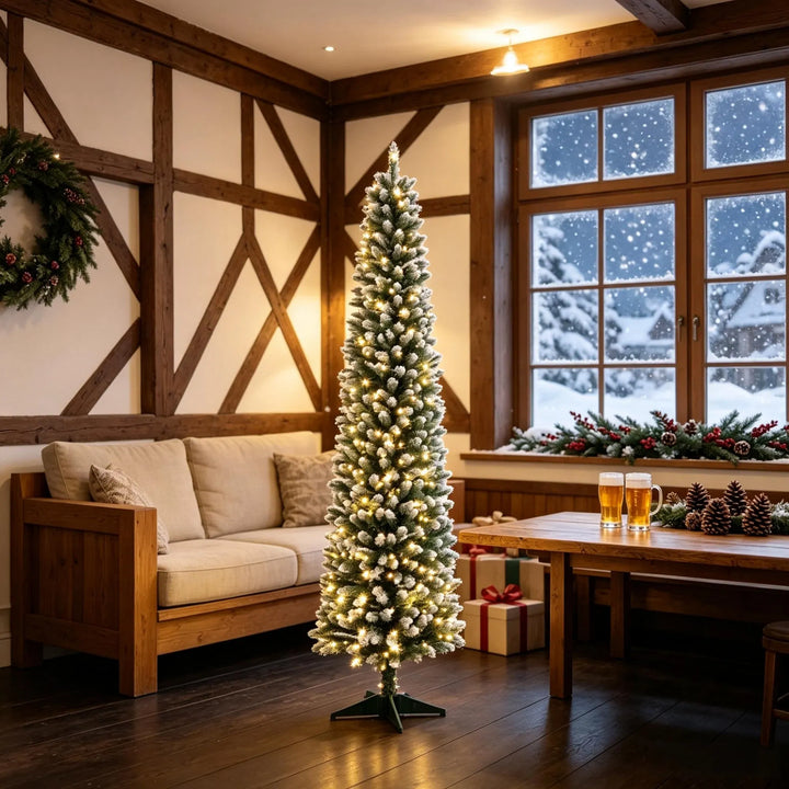 Slim frosted pre-lit pencil Christmas tree