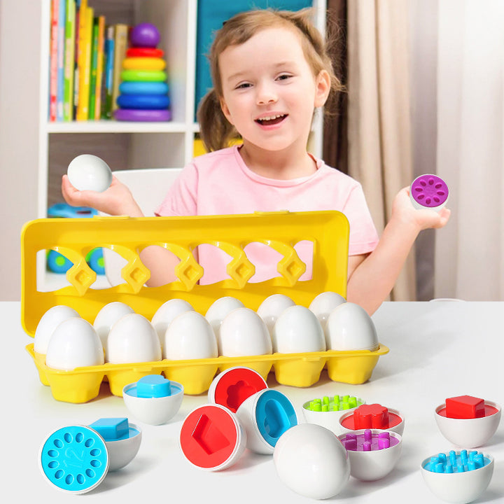Twelve shape-matching toy eggs in carton