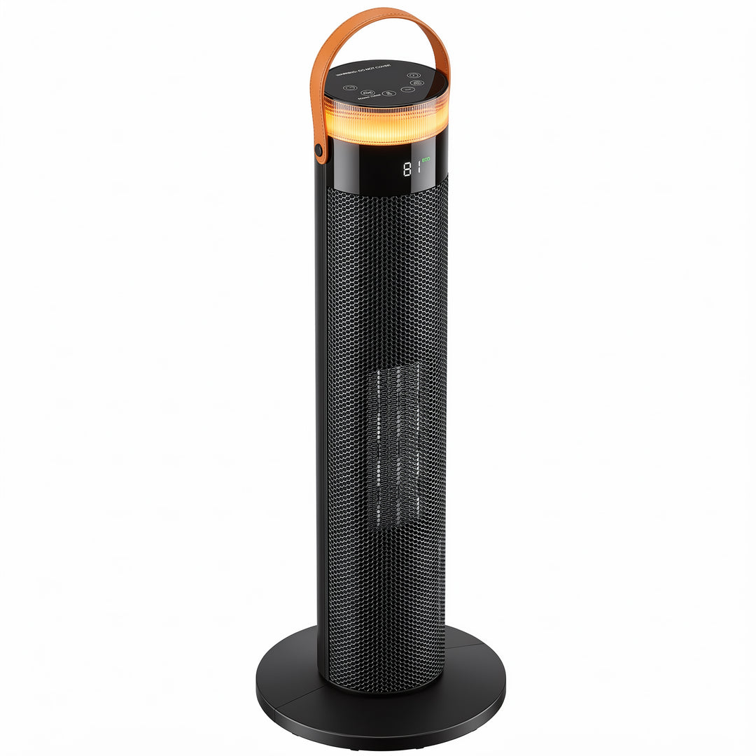 Black slim tower heater with glowing LED ring