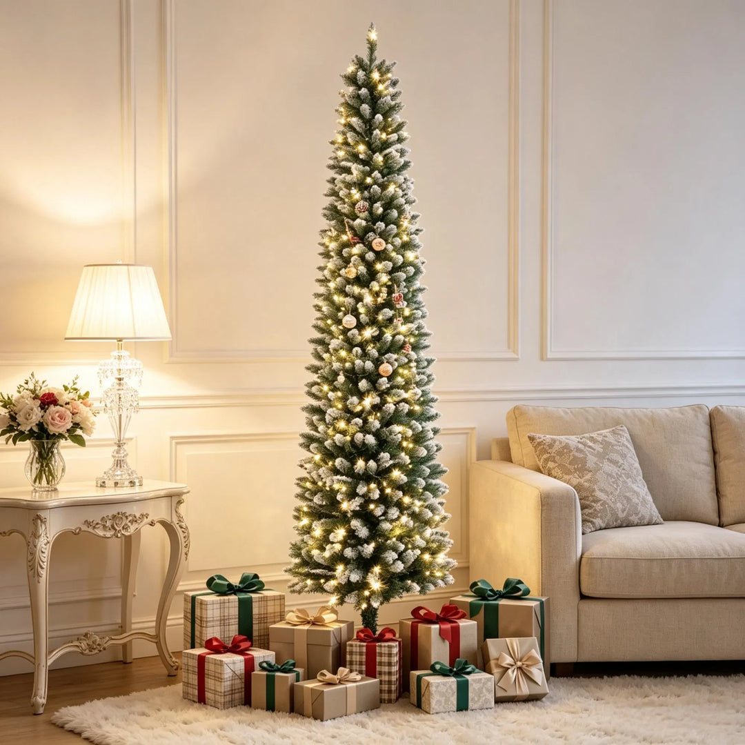 Slim frosted pre-lit pencil Christmas tree