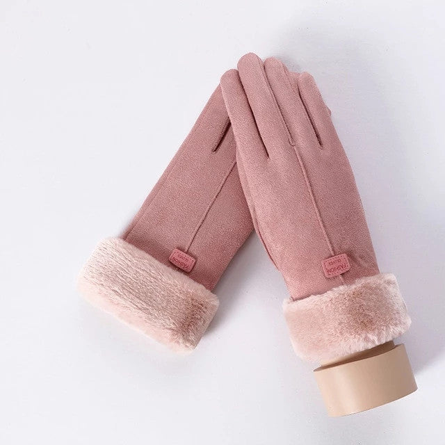 Plushridge Suede-Look Gloves with Plush Cuff and Bear Face