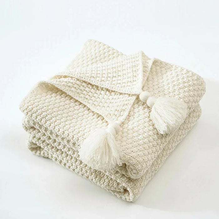 Plushridge™ Handwoven Wool Blanket with Fringe and Pom-Poms