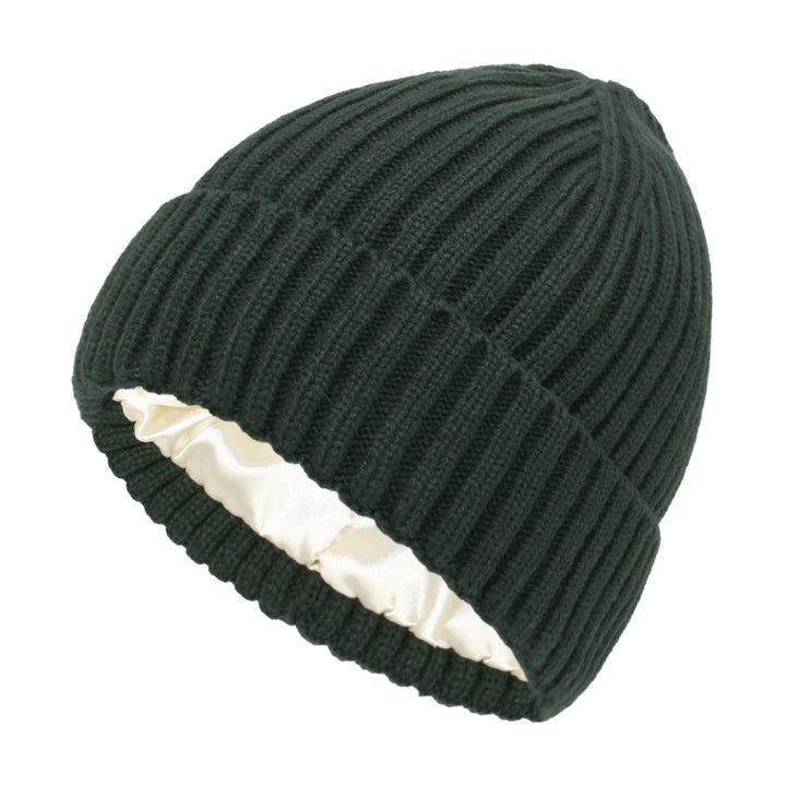 Satin-lined ribbed knit beanie in cream