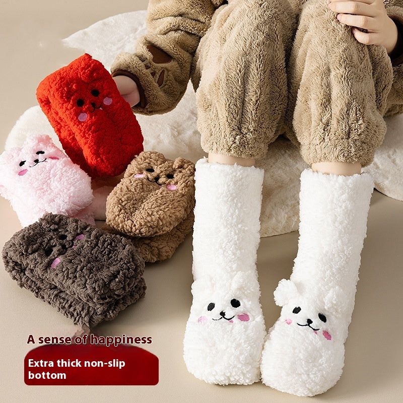 Pink fluffy floor socks with embroidered bunny face