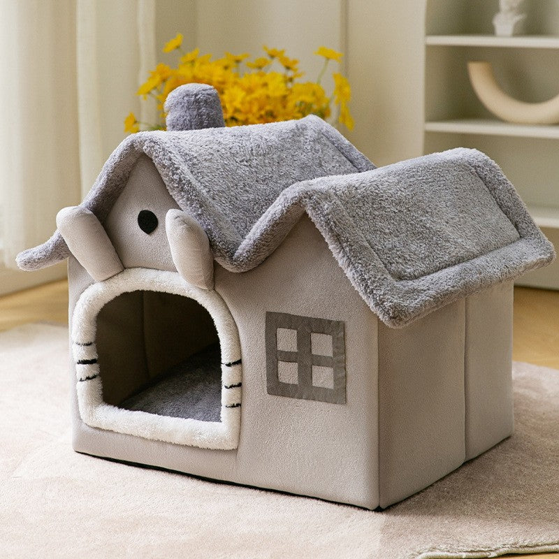 Foldable plush cat house with cushion